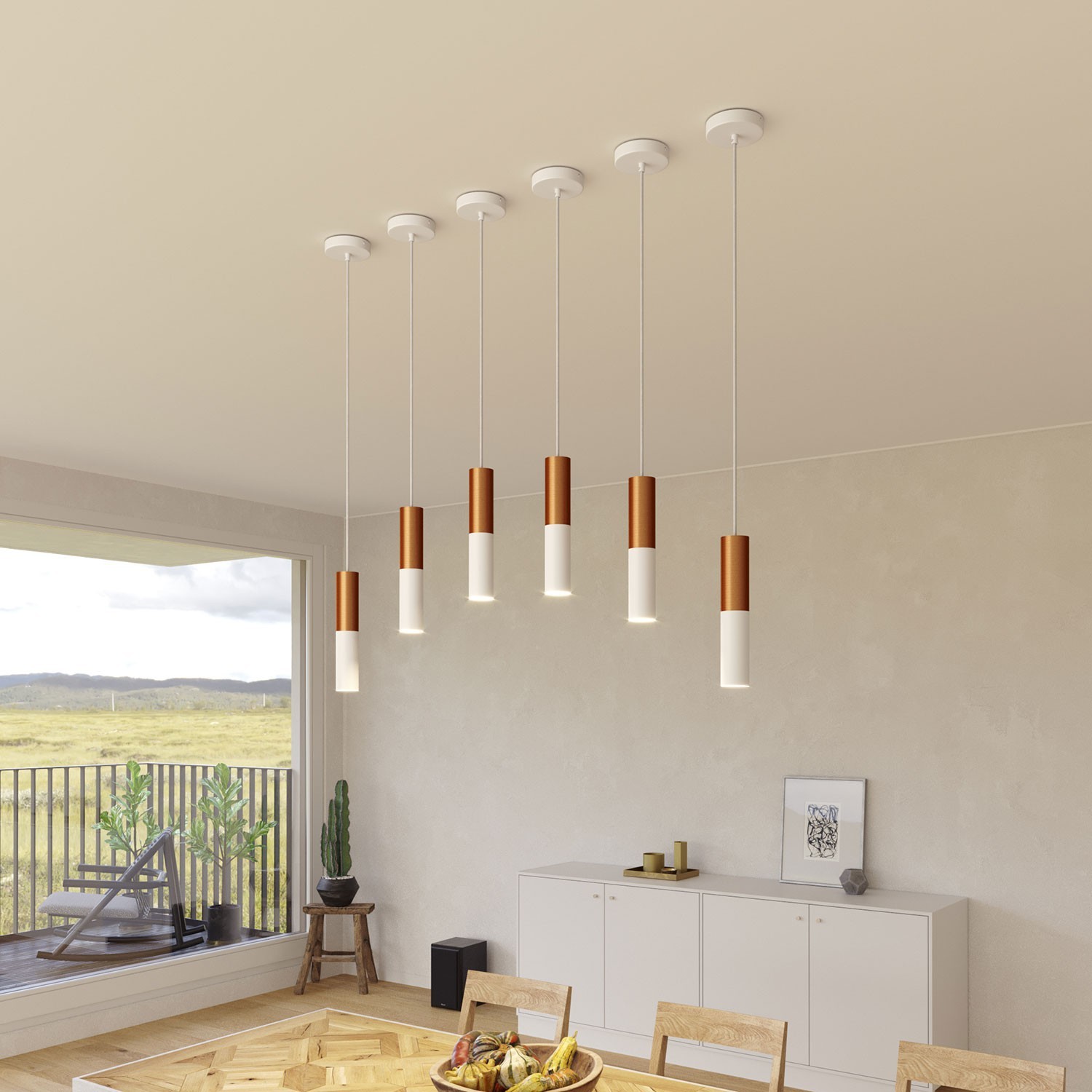 Suspension design avec lampes suspendues sur câble Dining