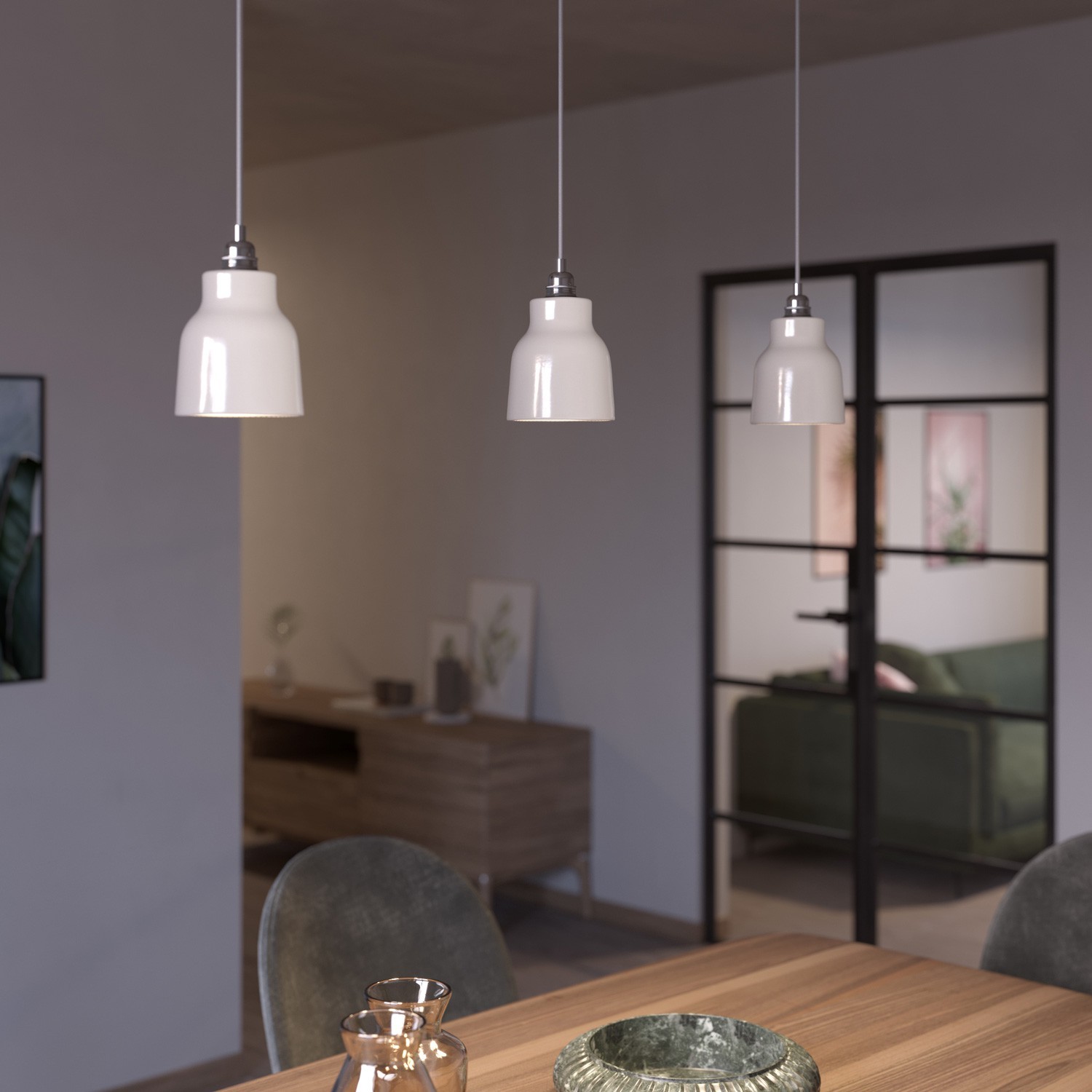 Pendant lamp with textile cable, Vase ceramic lampshade and metal details - Made in Italy