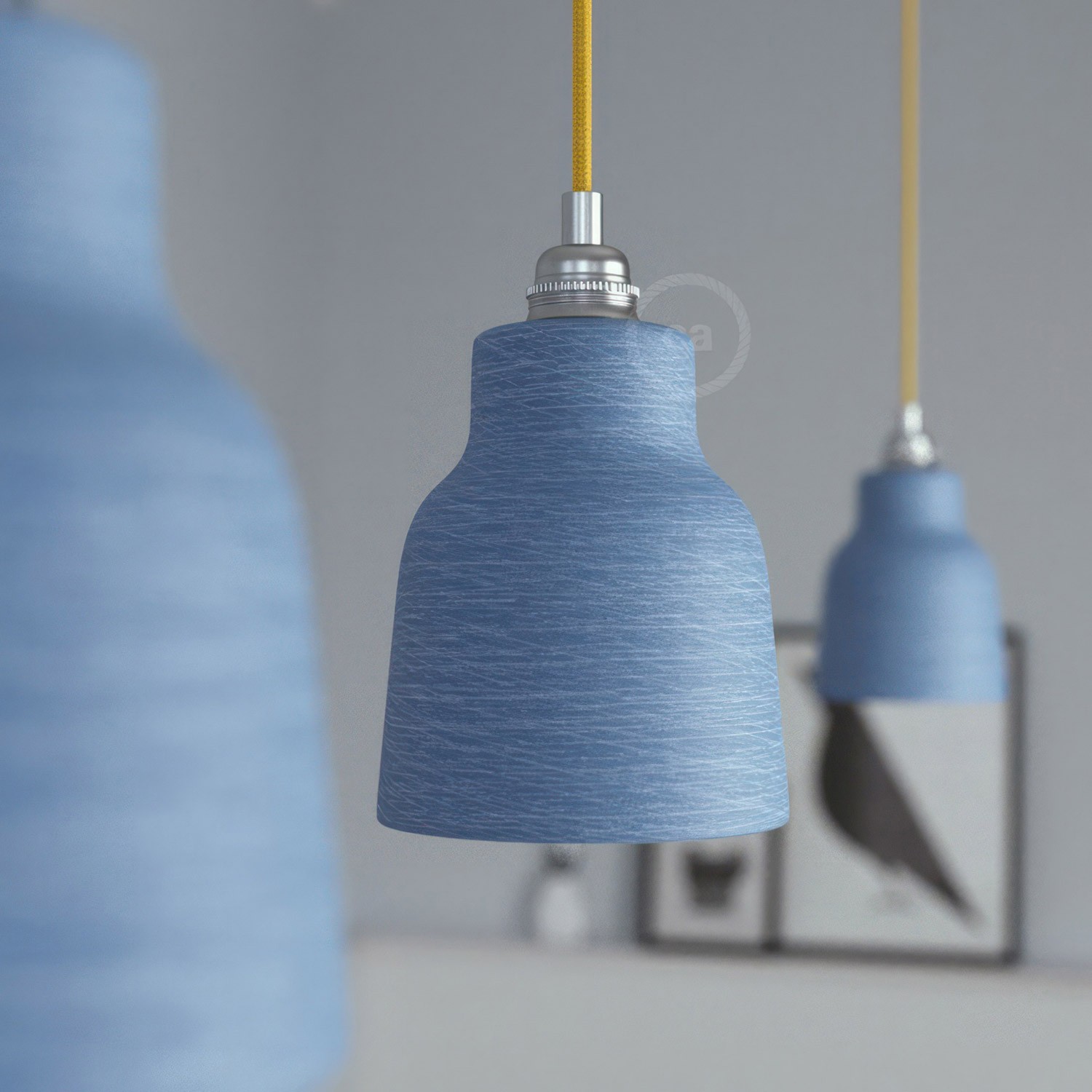 Pendant lamp with textile cable, Vase ceramic lampshade and metal details - Made in Italy