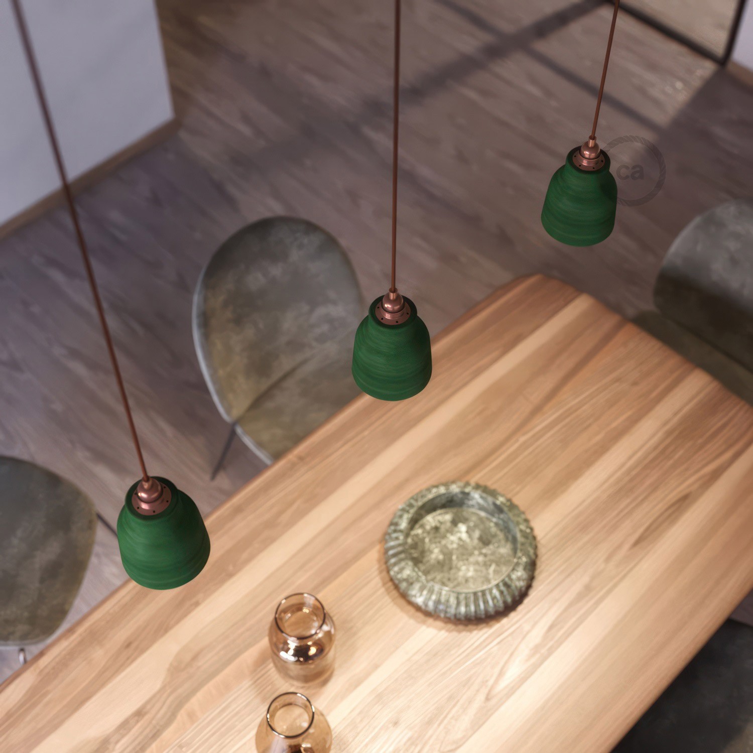 Pendant lamp with textile cable, Vase ceramic lampshade and metal details - Made in Italy