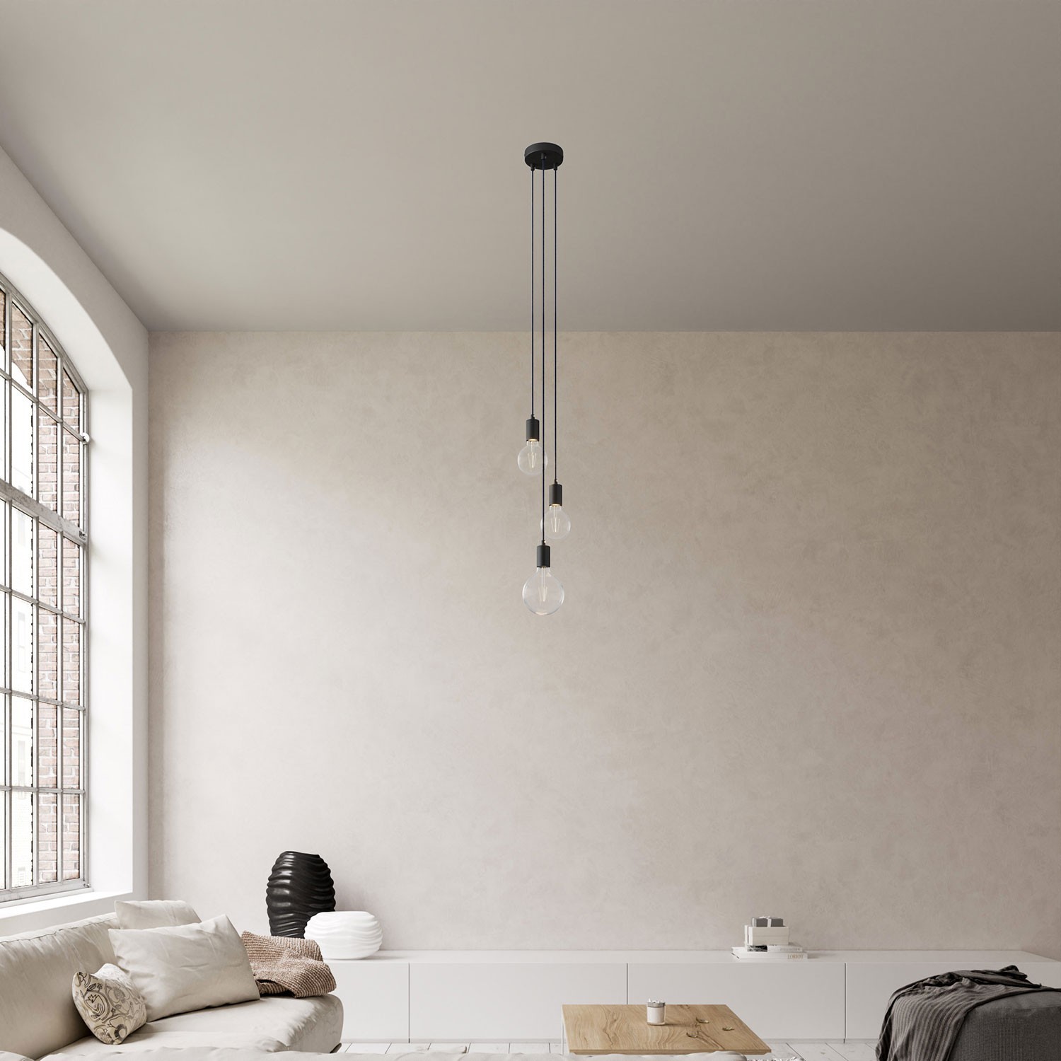 Lampe suspension multiple 3 bras avec câble textile et finitions en métal