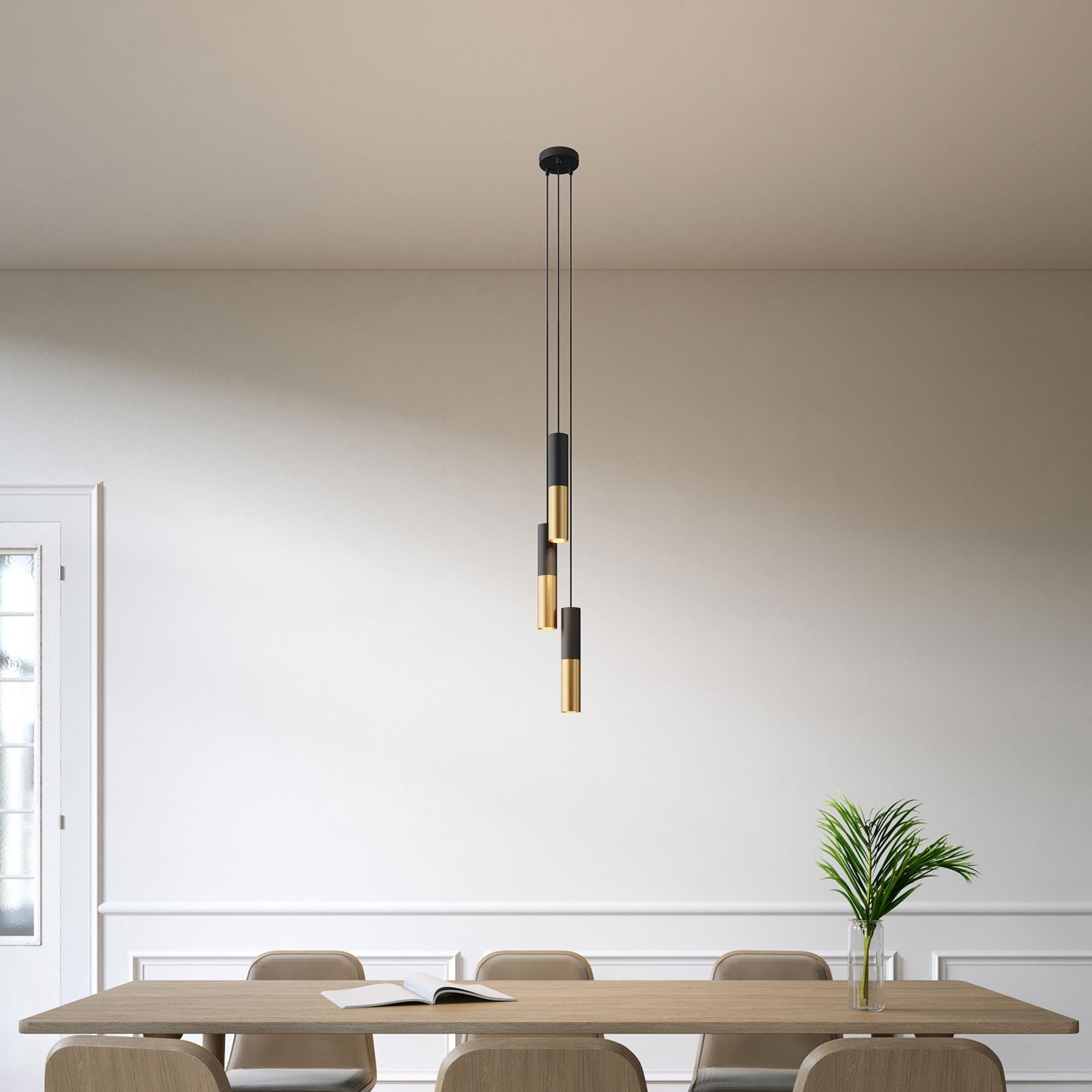 Lampe suspension multiple 3 bras avec câble textile et abat-jour en métal Double Tub-E14