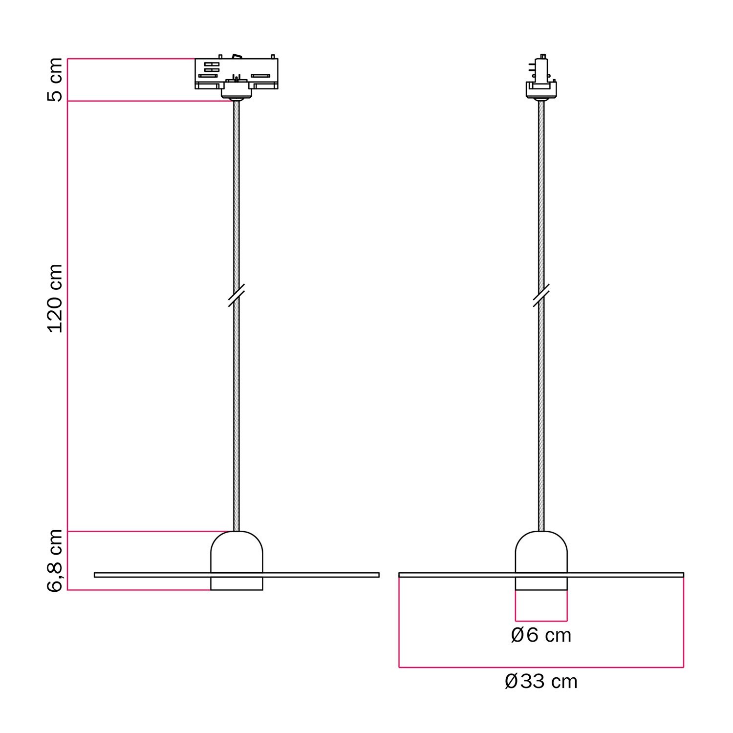 Houten track lamp met textiel kabel en UFO lampenkap