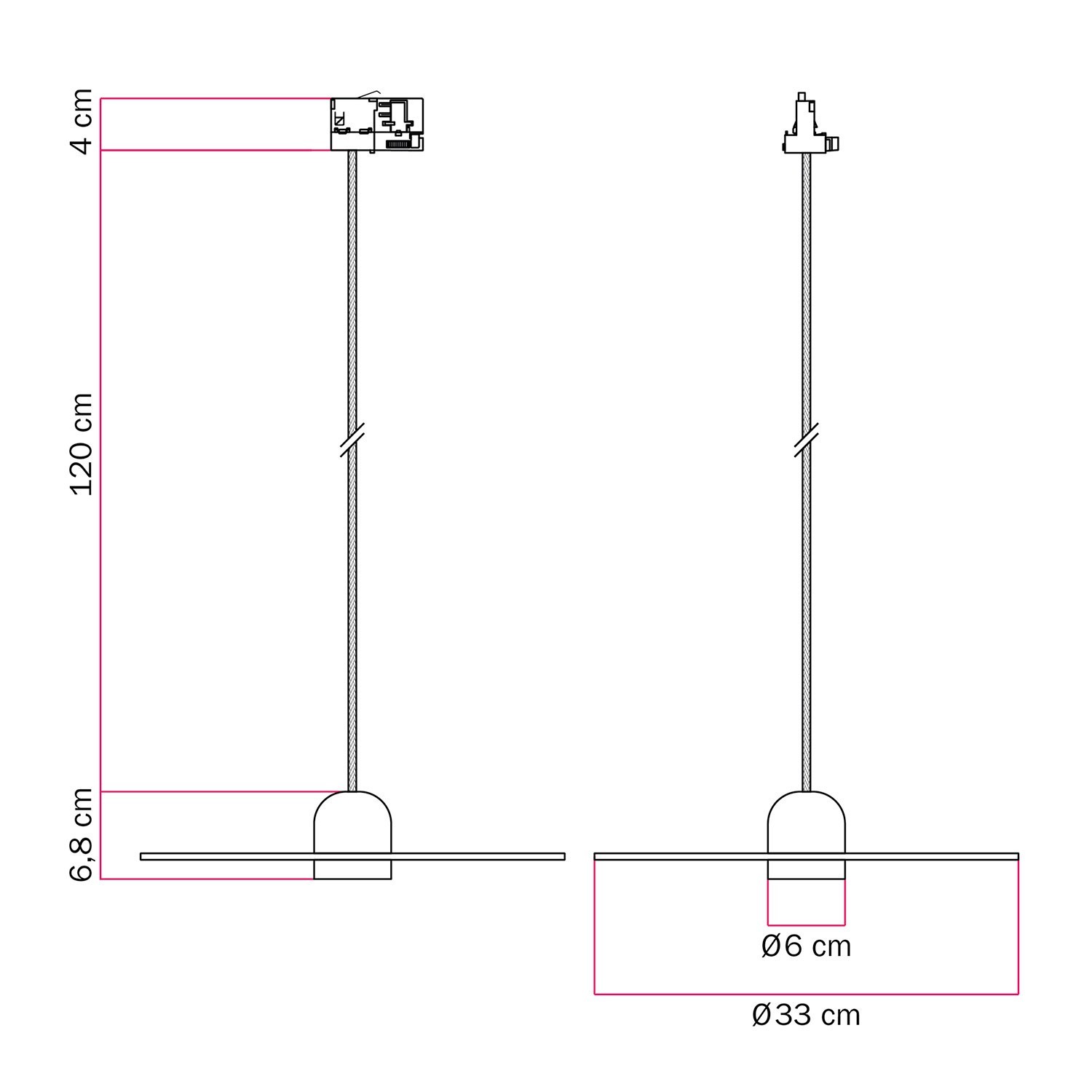 Houten track lamp met textiel kabel en UFO lampenkap