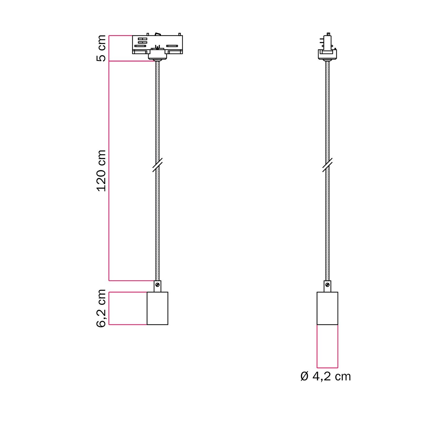 Industriële hanglamp met textielkabel en railadapter