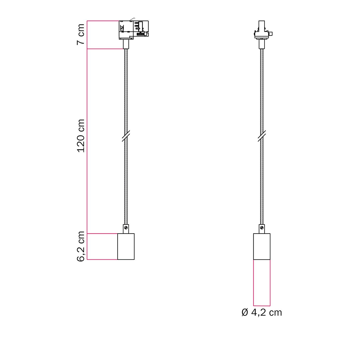 Industriële hanglamp met textielkabel en railadapter