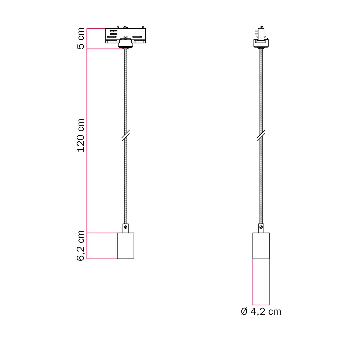 Industriële hanglamp met textielkabel en railadapter