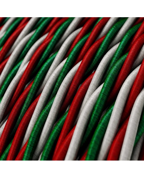 Gevlochten flexibele electriciteit textielkabel van viscose met Italiaanse vlag patroon.