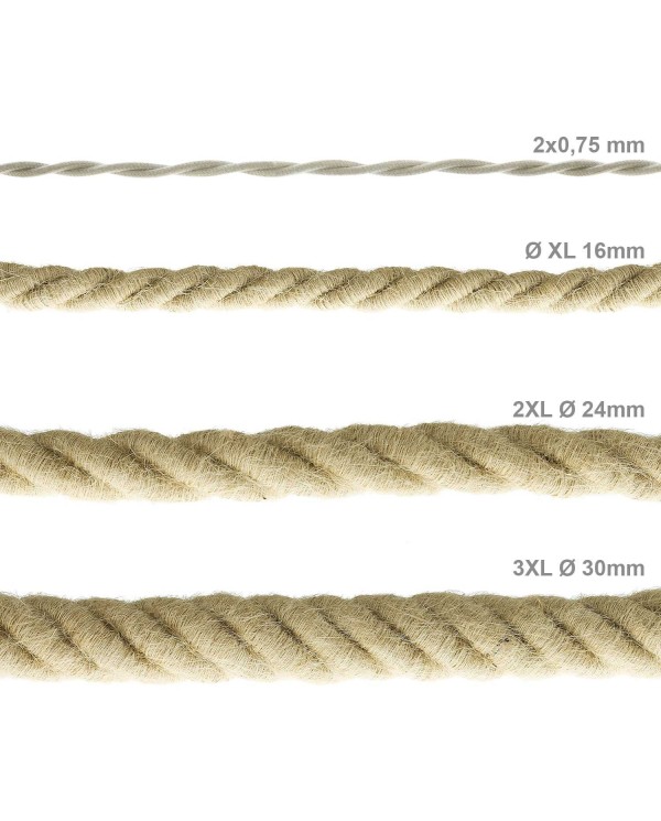 Corde XL, câble électrique 3x0,75. Revêtement en jute brute. Diamètre 16mm.