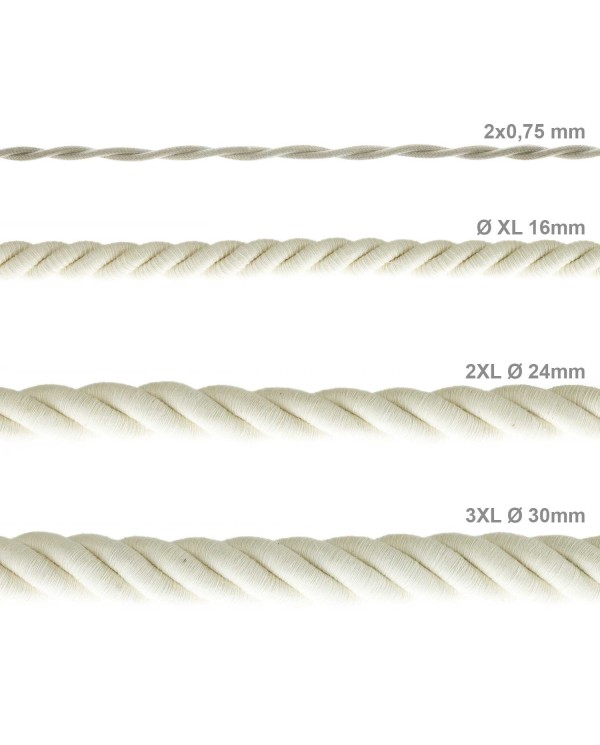 Electrische XL touwkabel, 3 x 0,75 mm. Binnenkabels bedekt met textiel en katoen. Diameter 16 mm.