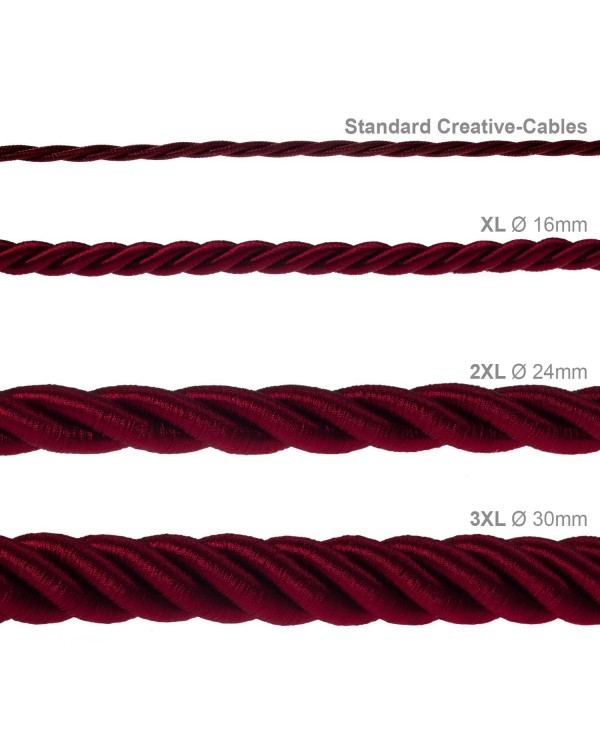 Corde XL, câble électrique 3x0,75. Revêtement en tissu bordeaux foncé brillant. Diamètre 16mm.