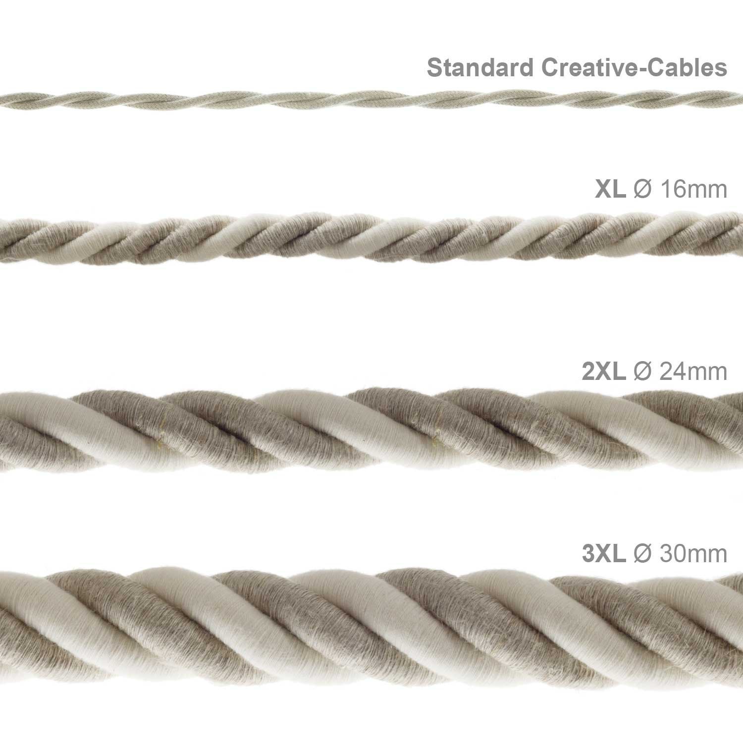 Corde 3XL, câble électrique 3x0,75. Revêtement en lin naturel et coton brut. Diamètre 30mm.