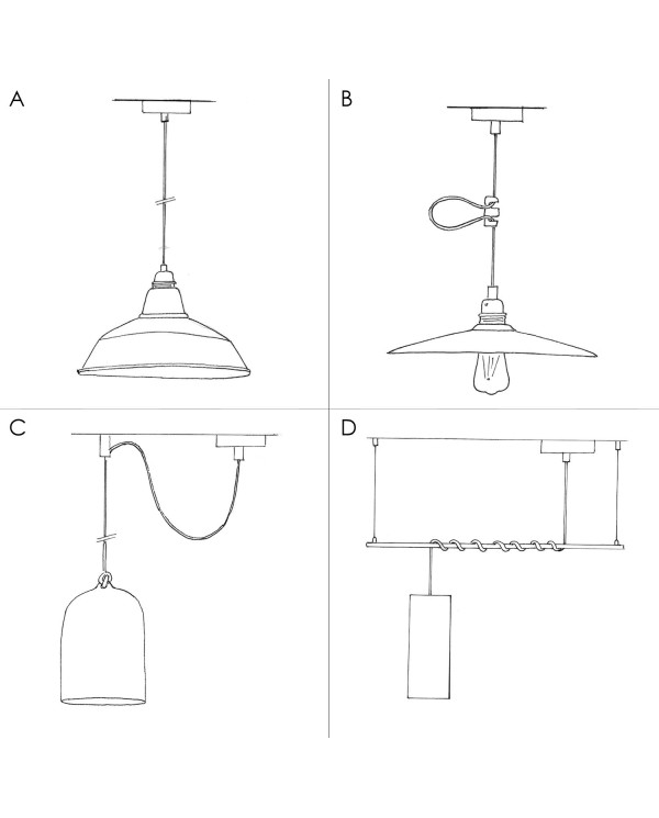 Hanglamp vervaardigd in Italië met textielkabel, diamantkooi kap en metalen afwerking