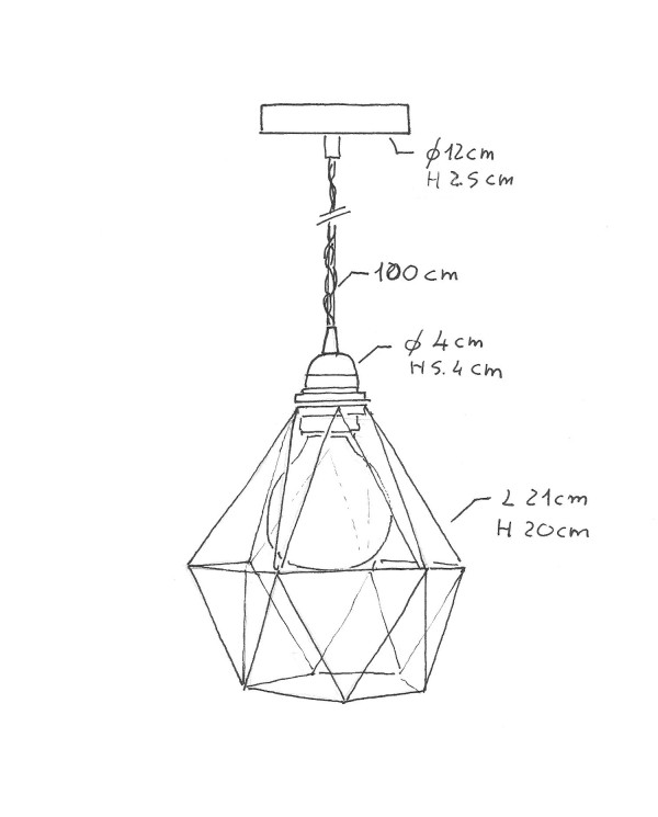 Hanglamp vervaardigd in Italië met textielkabel, diamantkooi kap en metalen afwerking