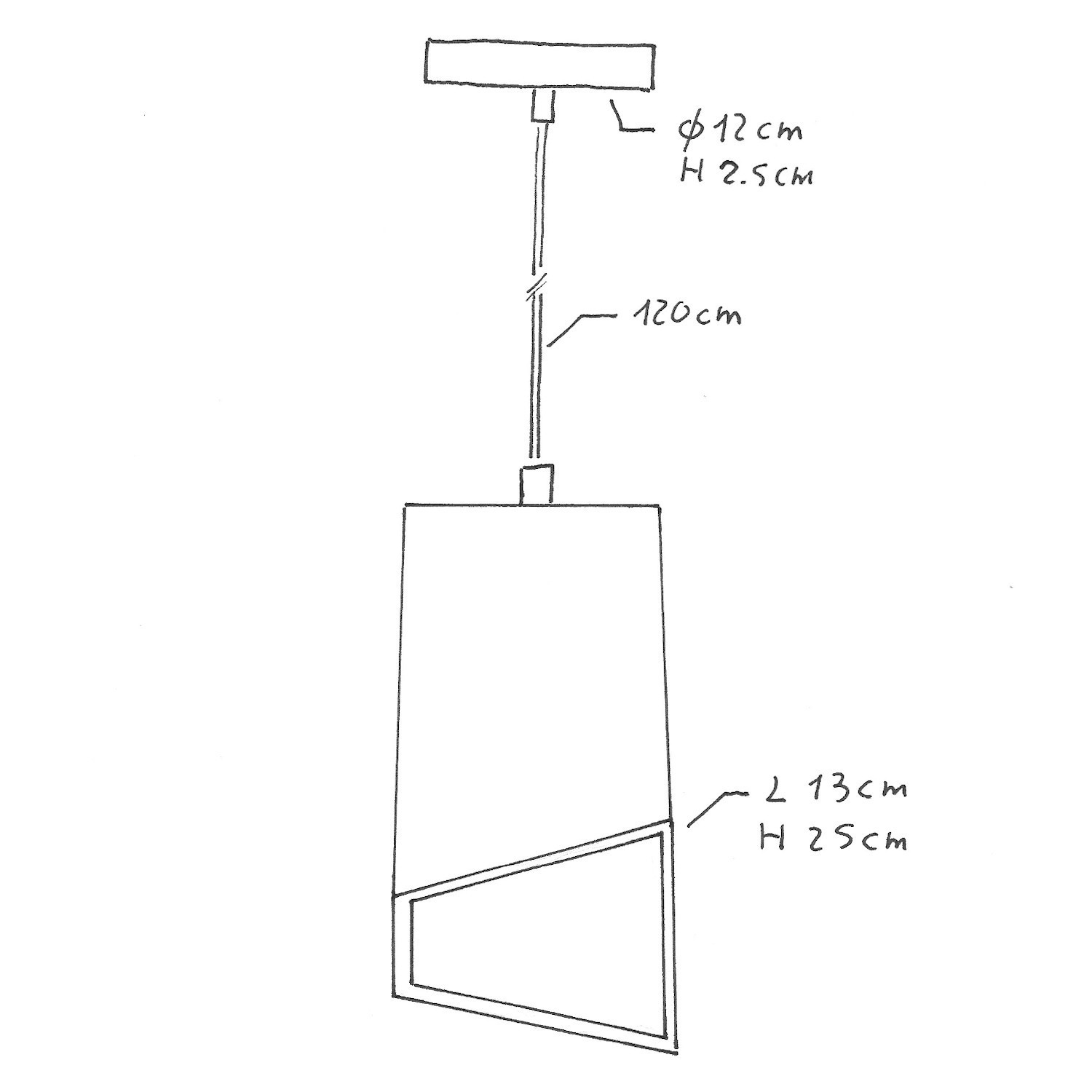 Hanglamp vervaardigd in Italië met textiel kabel, Prisma kap in cement en metalen afwerking