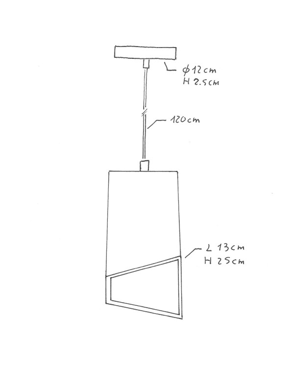 Hanglamp vervaardigd in Italië met textiel kabel, Prisma kap in cement en metalen afwerking