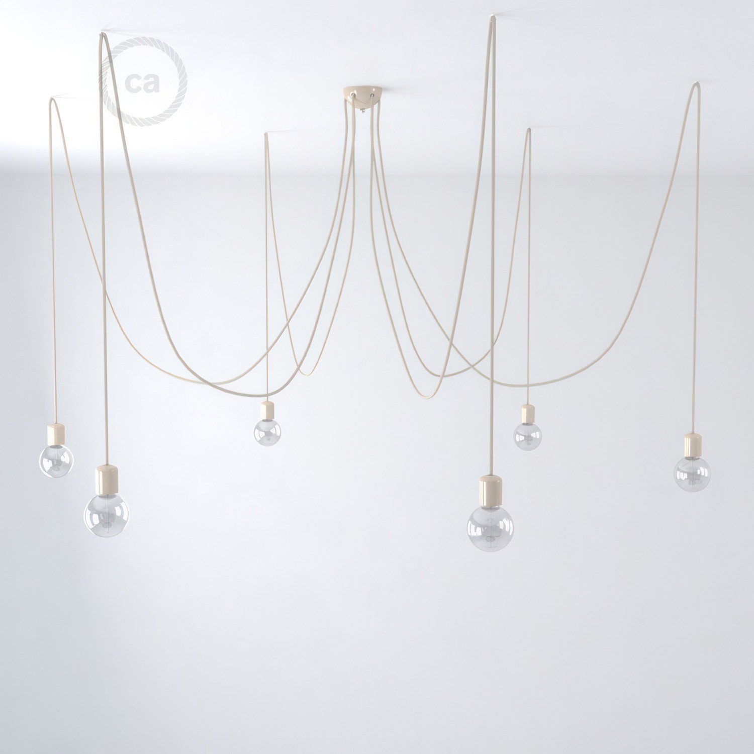 Made in Italy suspension with 6 pendants complete with bulbs, fabric cable, and coloured ceramic finishes