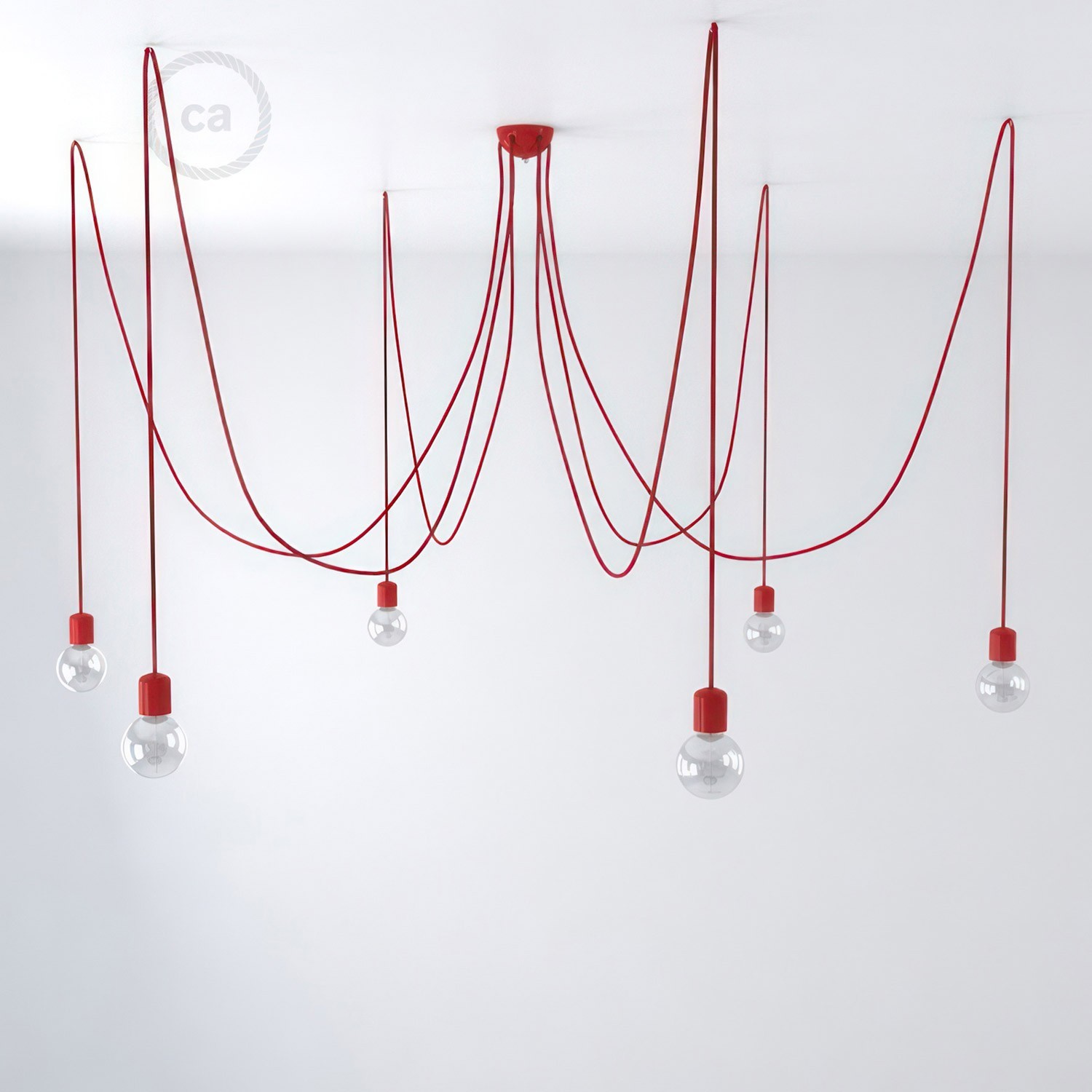 Made in Italy suspension with 6 pendants complete with bulbs, fabric cable, and coloured ceramic finishes