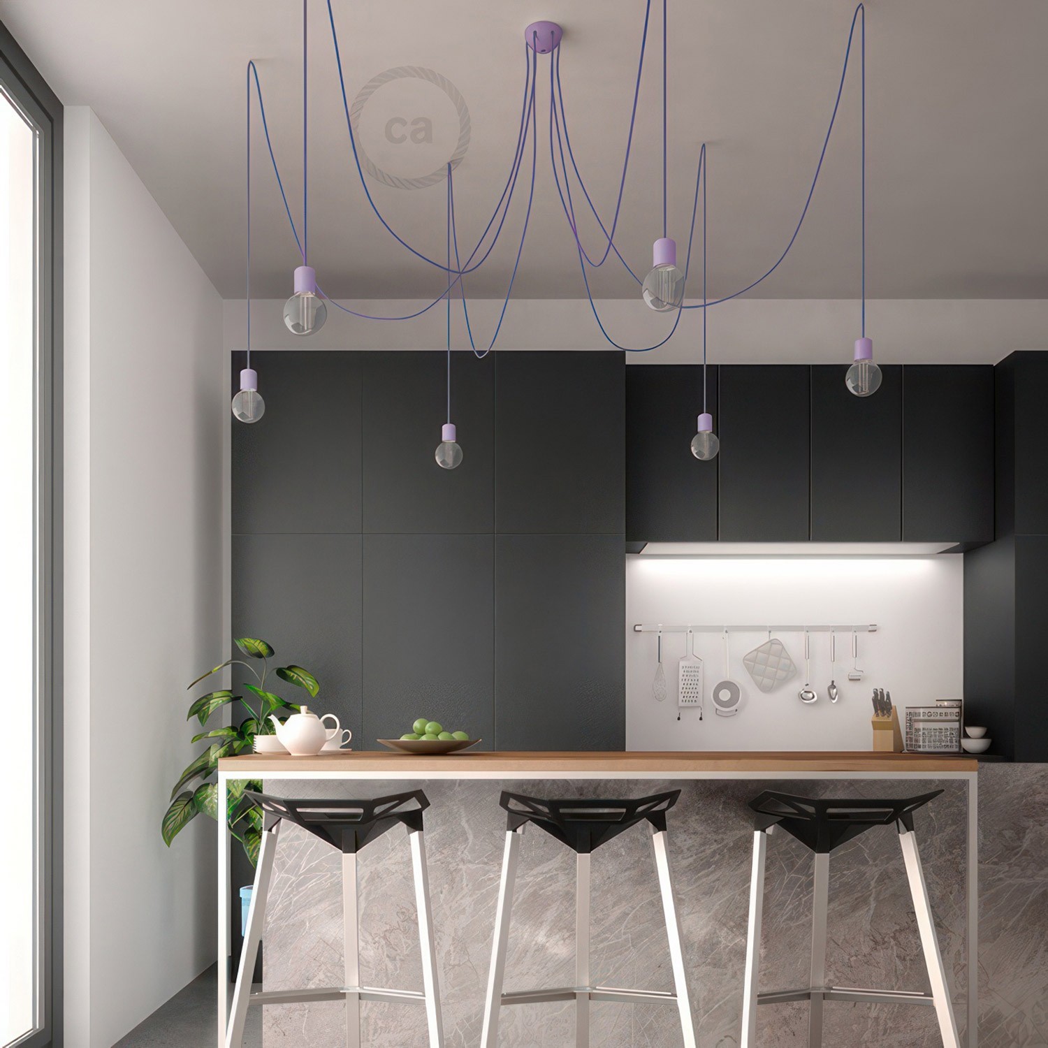 Made in Italy suspension with 6 pendants complete with bulbs, fabric cable, and coloured ceramic finishes