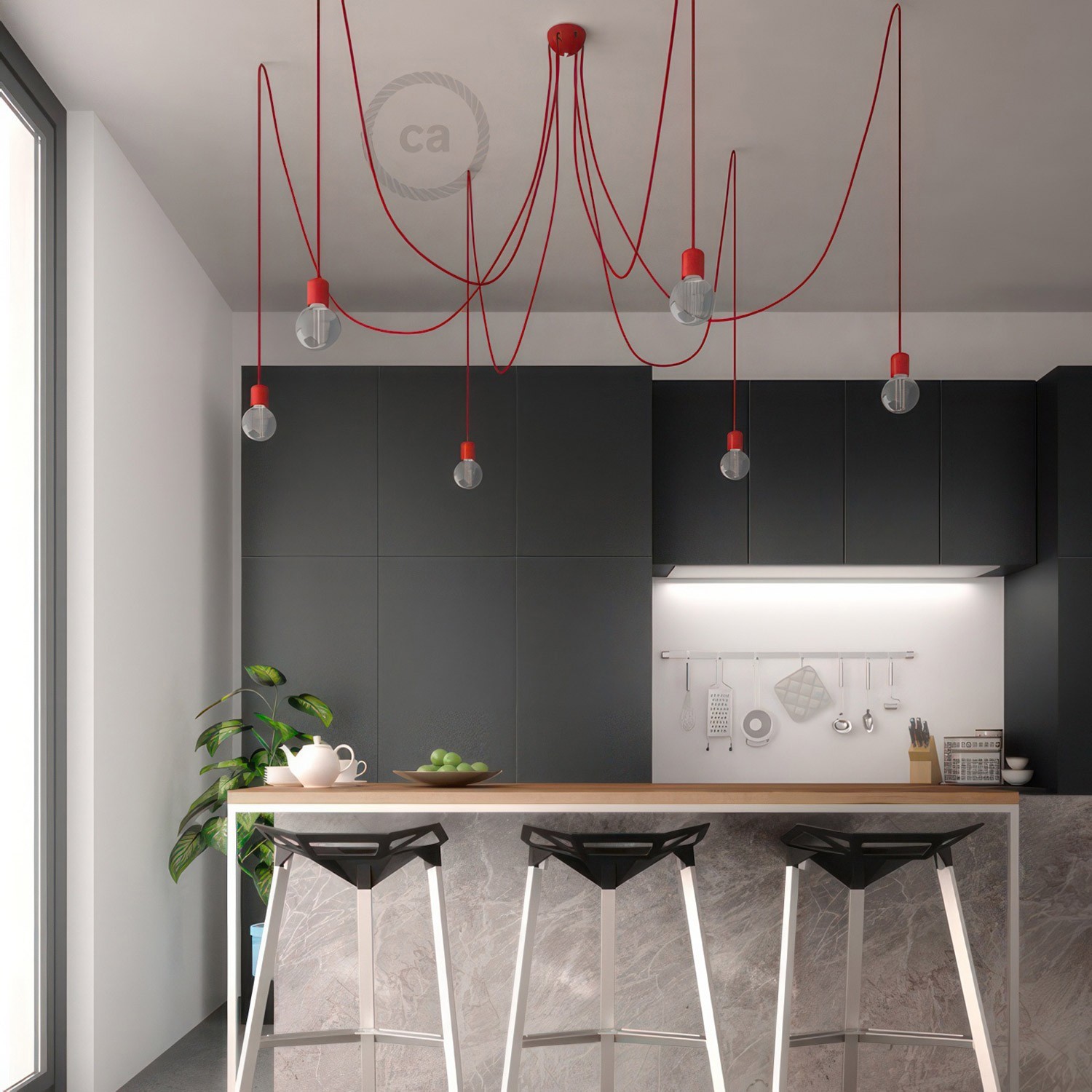 Made in Italy suspension with 6 pendants complete with bulbs, fabric cable, and coloured ceramic finishes