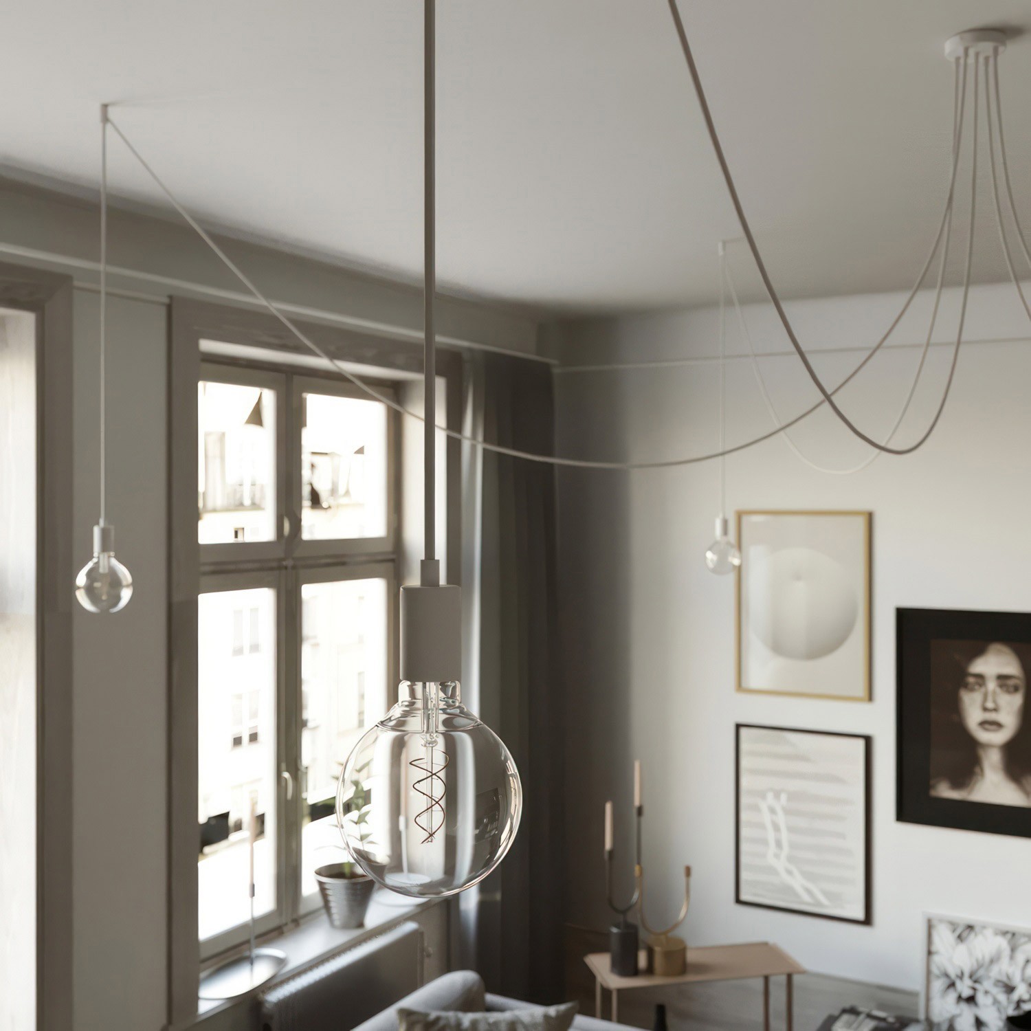 Spider - Suspension with 5 pendants Made in Italy complete with bulbs, fabric cable, and metal finishes