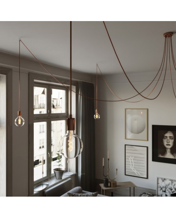 Spider - Suspension with 6 pendants Made in Italy complete with bulbs, fabric cable, and metal finishes