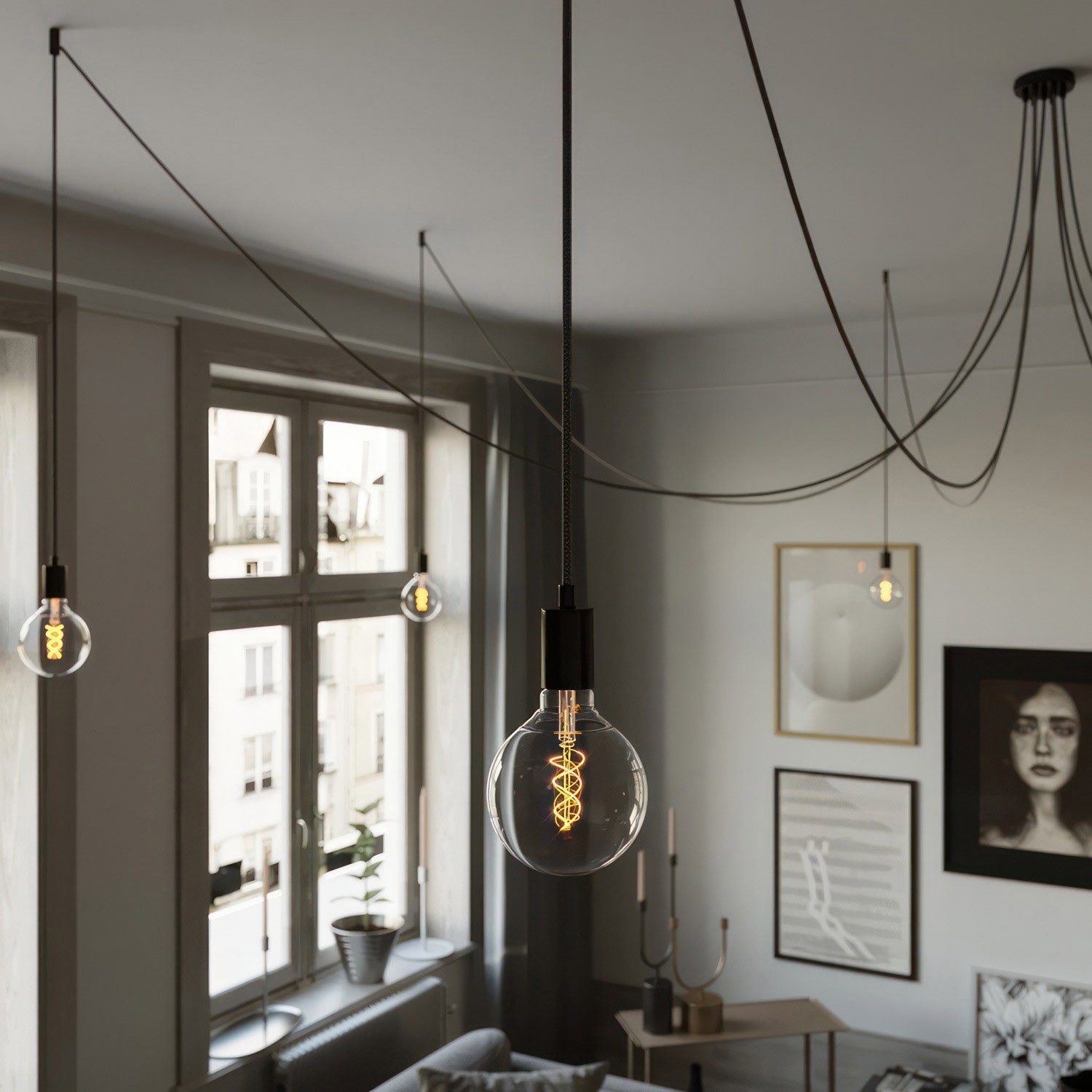 Spider - Suspension with 7 pendants Made in Italy complete with bulbs, fabric cable, and metal finishes