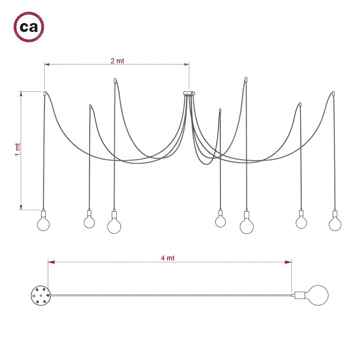 Spider - Suspension multiple 7 bras fabriquée en Italie, avec câble textile et finitions métalliques