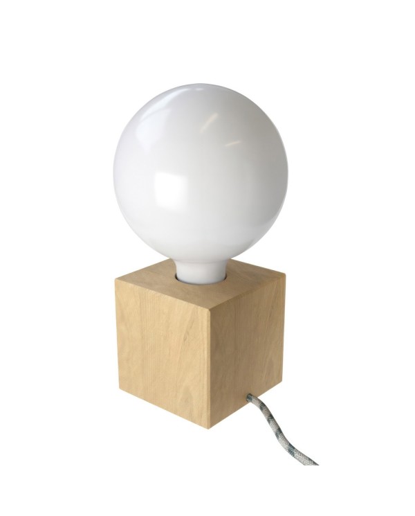 Posaluce Cubetto, lampe de table en bois fournie avec câble textile, interrupteur et prise bipolaire