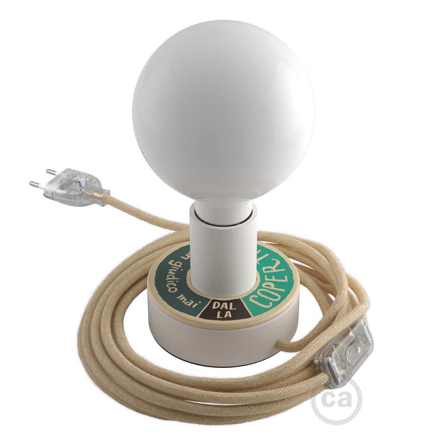 Lampe Posaluce MINI-UFO en bois double face PALLE DA LETTURA, avec câble textile, interrupteur et prise bipolaire