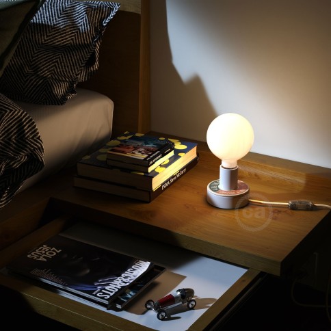 Lampe Posaluce MINI-UFO en bois double face PALLE DA LETTURA, avec câble textile, interrupteur et prise bipolaire