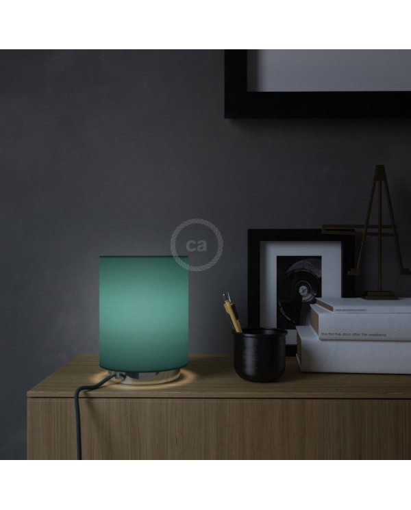 Lampe Posaluce en métal avec abat-jour Cilindro Cinette pétrole, avec câble textile, interrupteur et prise bipolaire