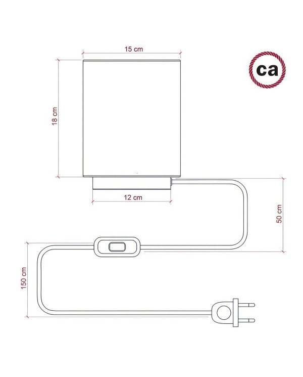 Lampe Posaluce en métal avec abat-jour Cilindro Cinette pétrole, avec câble textile, interrupteur et prise bipolaire