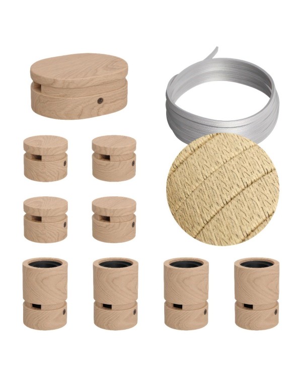 Kit Symmetric Filé system - avec câbles pour guirlande lumineuse de 5 mètres et 9 composants en bois pour intérieur