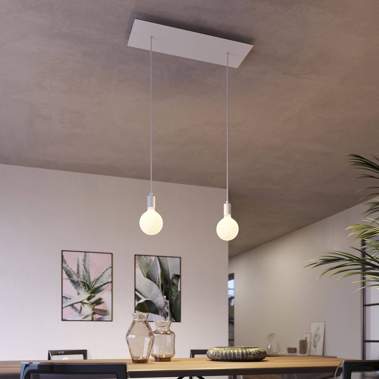 2 lichts-hanglamp voorzien van XXL rechthoekige Rose-One 675 mm compleet met strijkijzersnoer en metalen afwerking