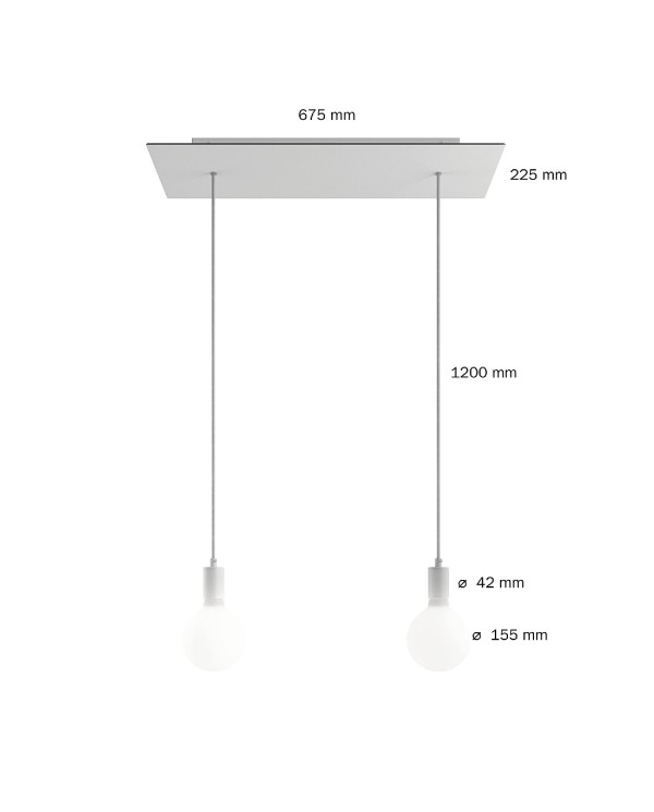 2 lichts-hanglamp voorzien van XXL rechthoekige Rose-One 675 mm compleet met strijkijzersnoer en metalen afwerking