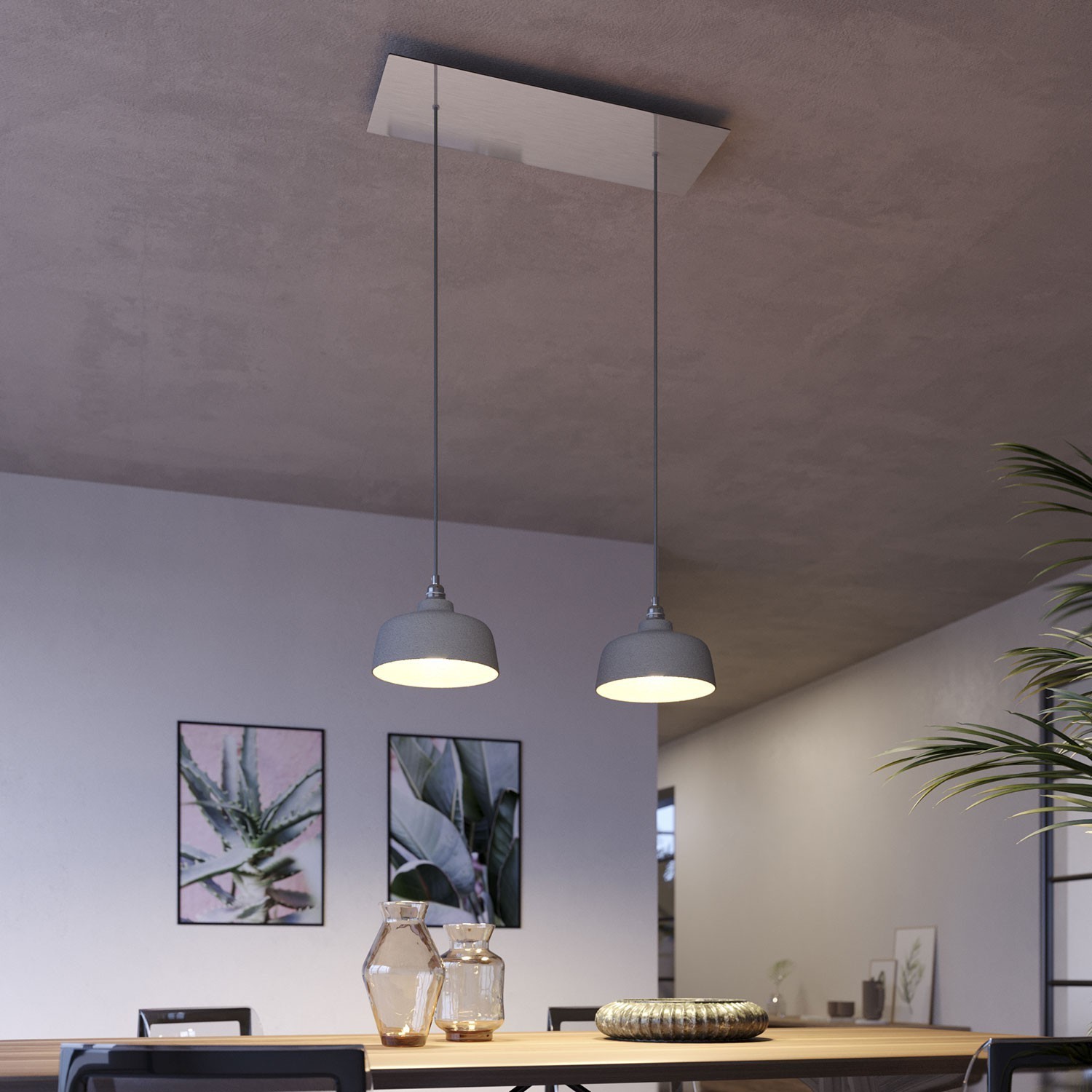 2 lichts-hanglamp voorzien van XXL rechthoekige Rose-One 675 mm compleet met strijkijzersnoer en Coppa lampenkap