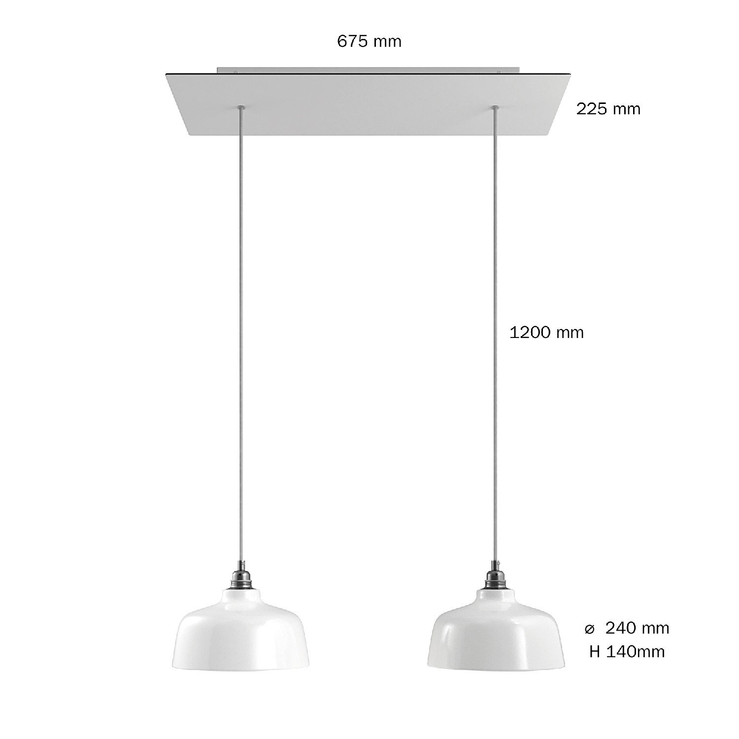 2 lichts-hanglamp voorzien van XXL rechthoekige Rose-One 675 mm compleet met strijkijzersnoer en Coppa lampenkap