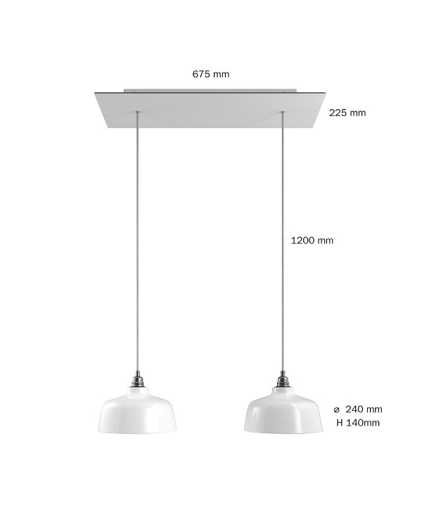 2 lichts-hanglamp voorzien van XXL rechthoekige Rose-One 675 mm compleet met strijkijzersnoer en Coppa lampenkap