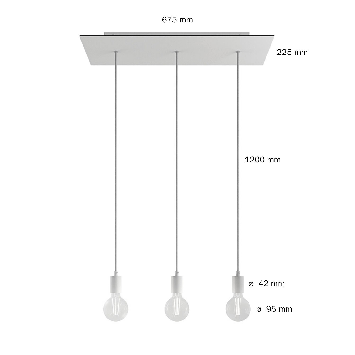 3 lichts-hanglamp voorzien van XXL rechthoekige Rose-One 675 mm compleet met strijkijzersnoer en metalen afwerking