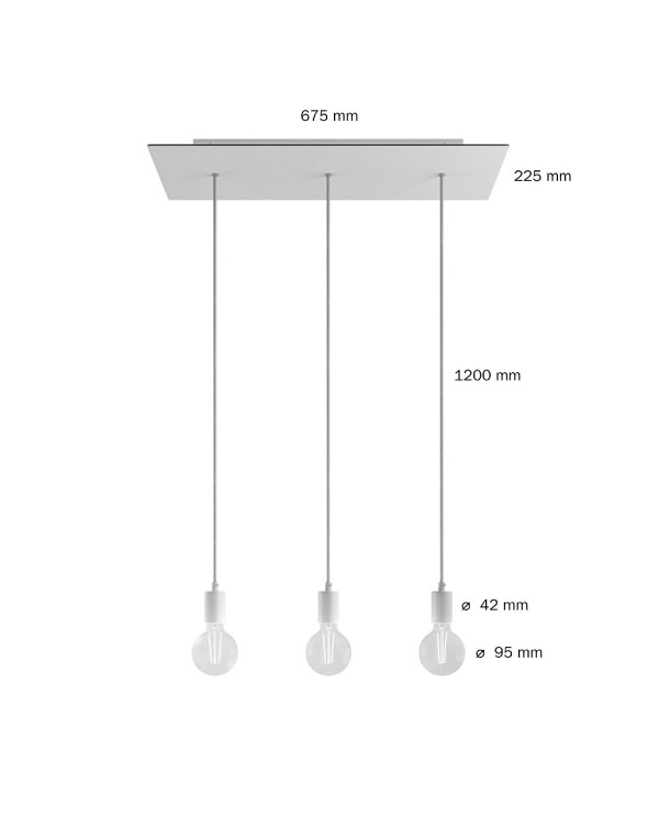 Suspension à 3 bras avec XXL Rose-One rectangulaire 675 mm complète avec câble textile et finitions en métal