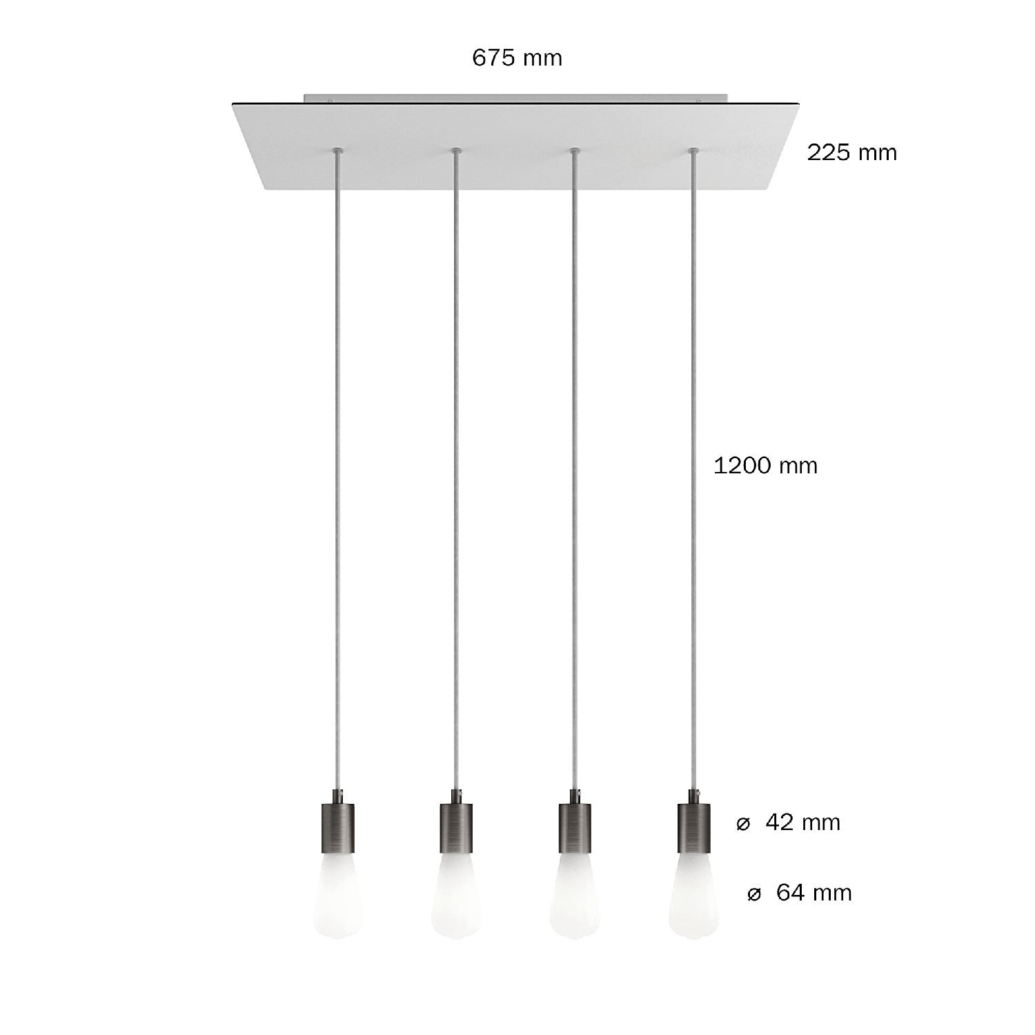 4 lichts-hanglamp voorzien van XXL rechthoekige Rose-One 675 mm compleet met strijkijzersnoer en metalen afwerking