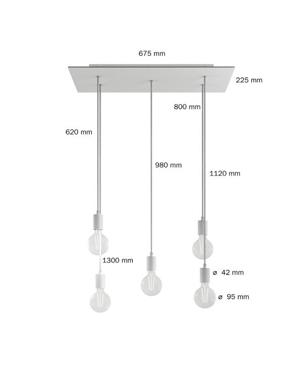 5 lichts-hanglamp voorzien van XXL rechthoekige Rose-One 675 mm compleet met strijkijzersnoer en metalen afwerking