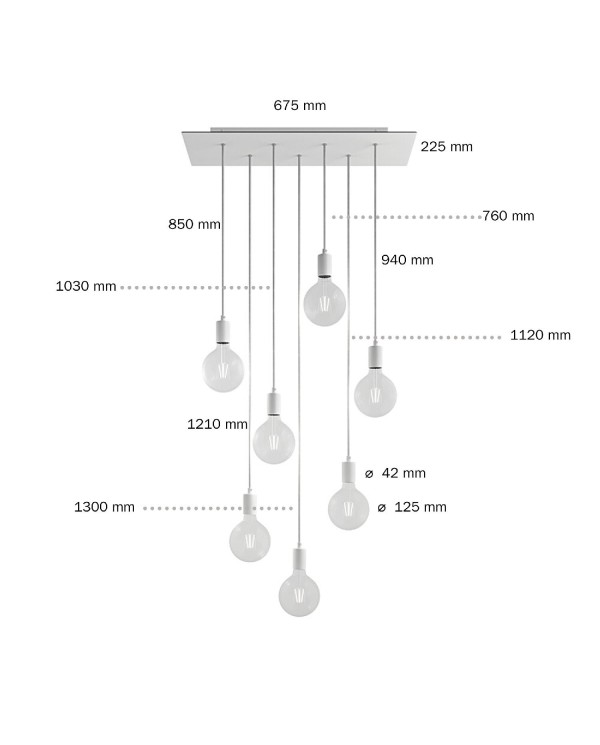 Suspension à 7 bras avec XXL Rose-One rectangulaire 675 mm complète avec câble textile et finitions en métal