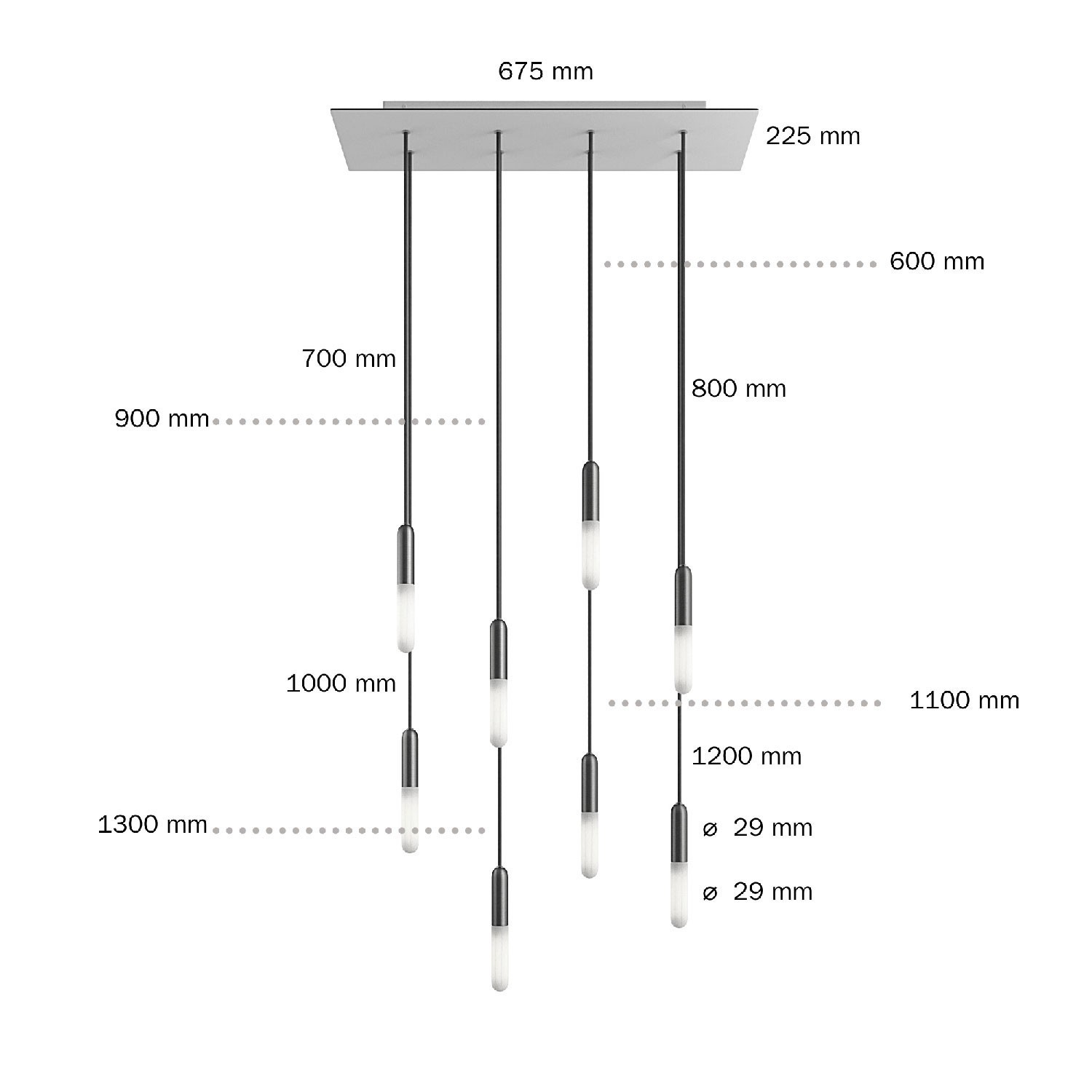 Suspension à 8 bras avec XXL Rose-One rectangulaire 675 mm complète avec câble textile et finitions en métal