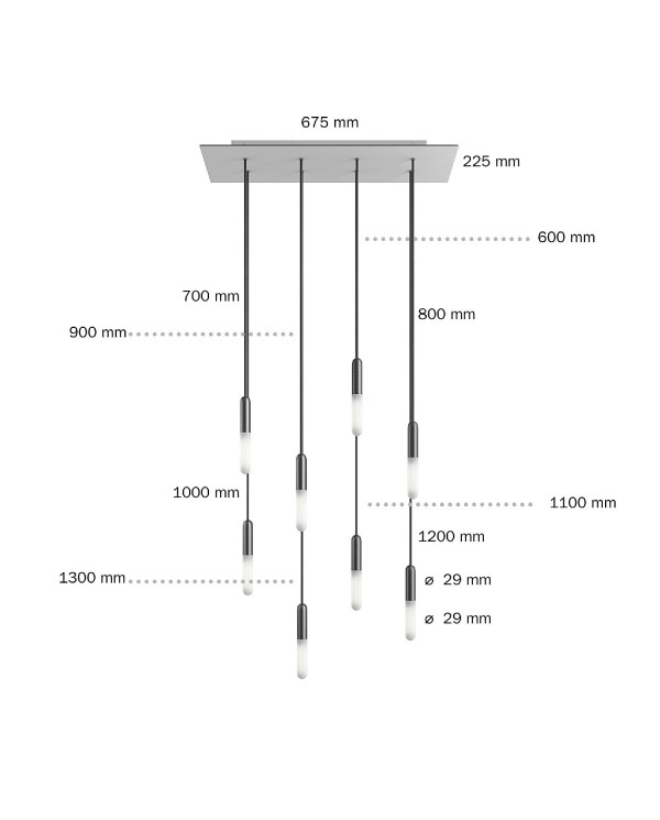 8 lichts-hanglamp voorzien van XXL rechthoekige Rose-One 675 mm compleet met strijkijzersnoer en metalen afwerking