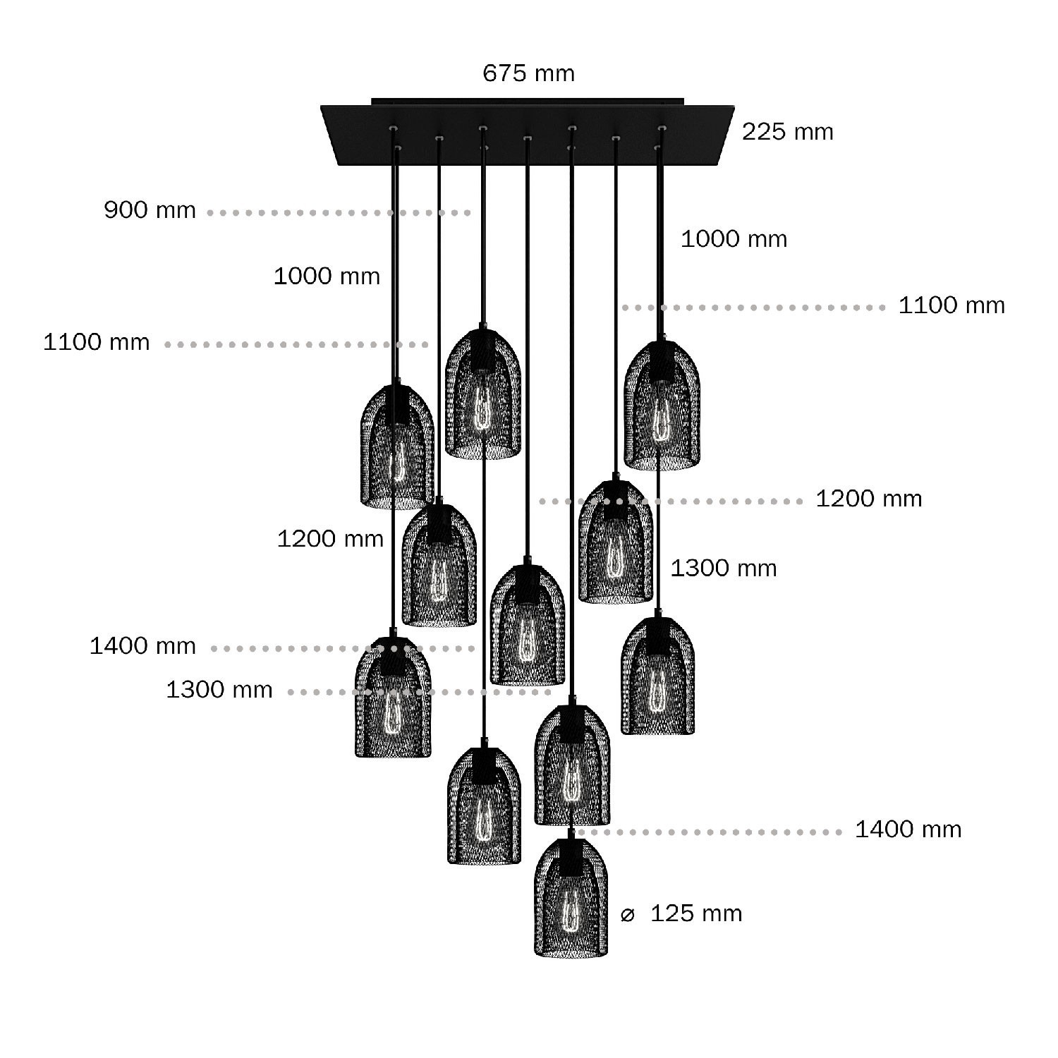 Suspension à 11 bras avec XXL Rose-One rectangulaire 675 mm complète avec câble textile et abat-jour en métal Ghostbell