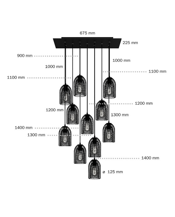 11 lichts-hanglamp voorzien van XXL rechthoekige Rose-One 675 mm compleet met strijkijzersnoer en Ghostbell metalen lampenkap