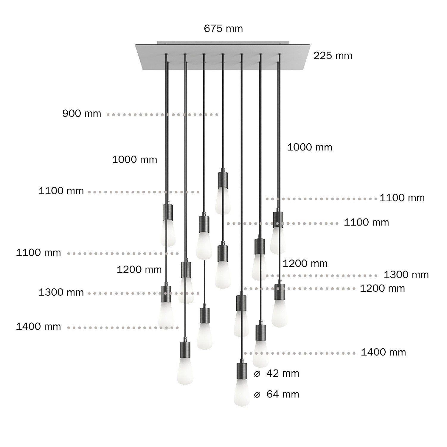 Suspension à 14 bras avec XXL Rose-One rectangulaire 675 mm complète avec câble textile et finitions en métal