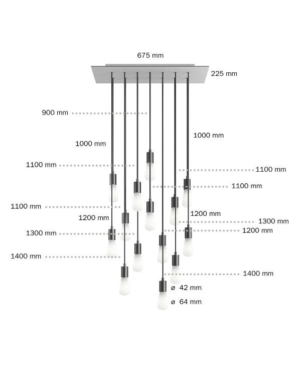 14 lichts-hanglamp voorzien van XXL rechthoekige Rose-One 675 mm compleet met strijkijzersnoer en metalen afwerking